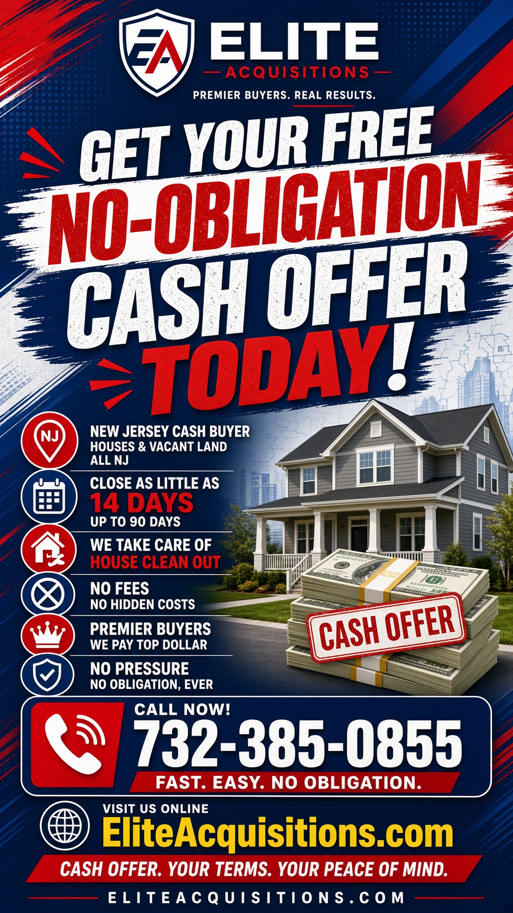 Cash offer marketing flyer — New Jersey houses and vacant land